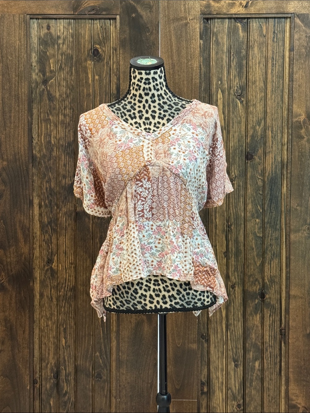 Patchwork Floral V-Neck Peasant Blouse in Blush Pink
